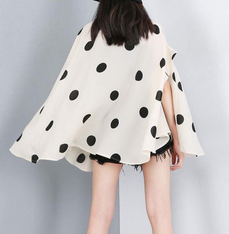ellazhu Women's Batwing Sleeve Polka Dot Printed Button Down Blouse Oversized Shirt Top for Summer GY1903 White - Image 2